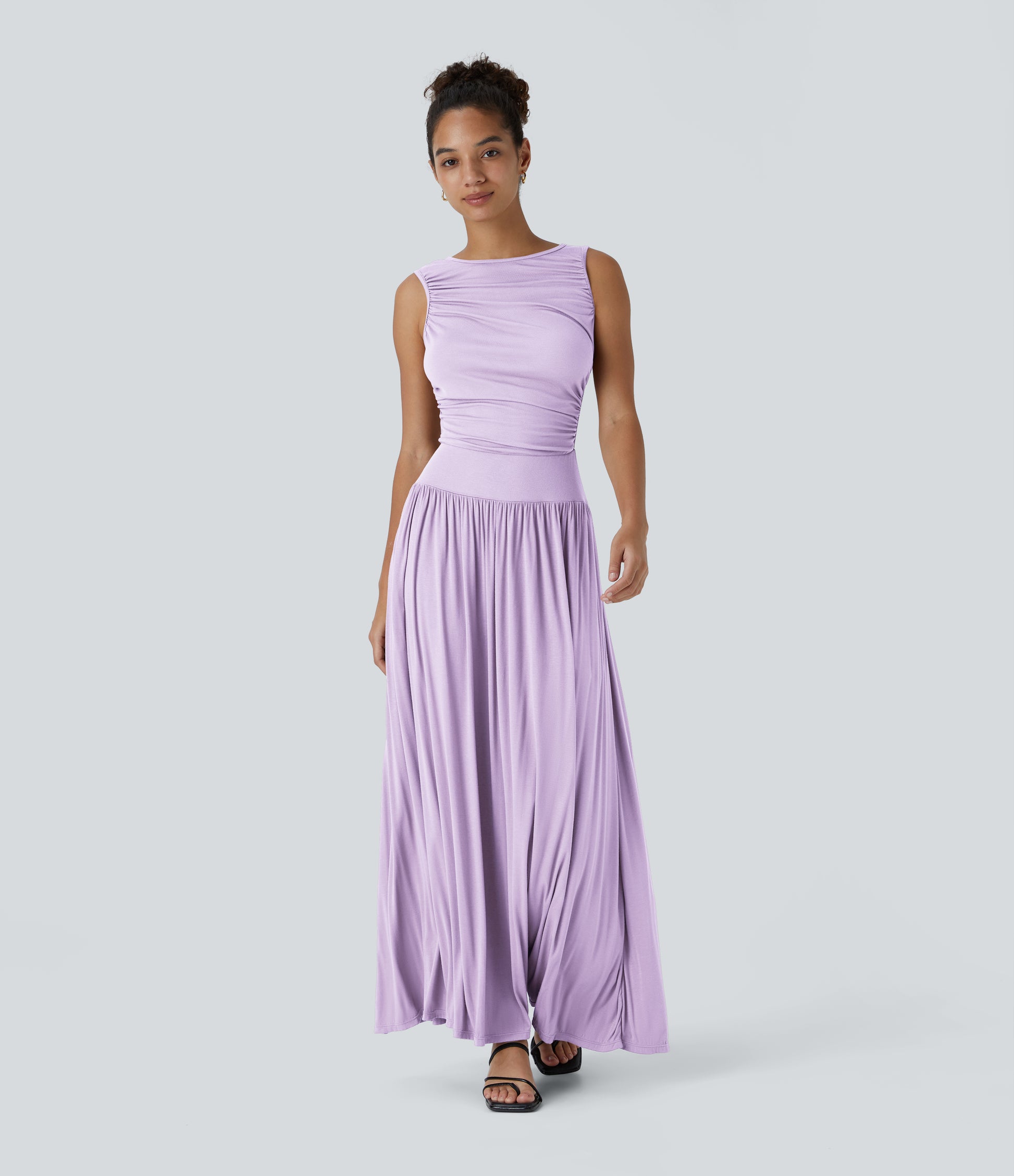 Ribbed Boat Neck Asymmetric Strap Ruched Pocket Flowy Maxi Casual Dress