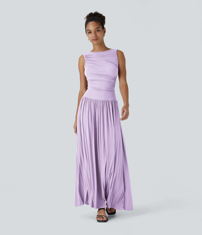 Ribbed Boat Neck Asymmetric Strap Ruched Pocket Flowy Maxi Casual Dress