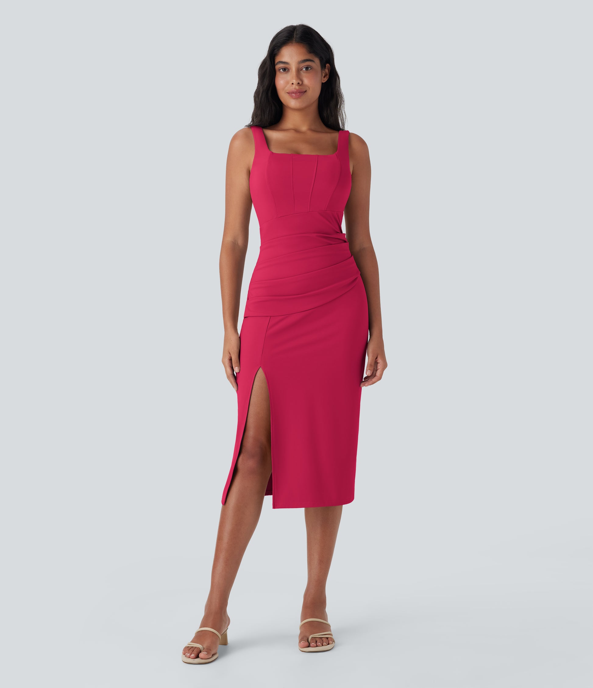 SoftlyZero™ Airy Square Neck Corset Ruched Bodycon Midi InstantCool Dress DD-F Cups