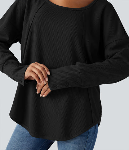 Scoop Neck Long Sleeve Curved Hem Relaxed Waffle Casual Top