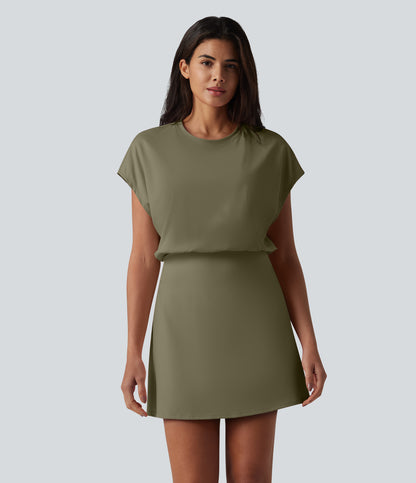 SoftlyZero™ Airy Round Neck Short Sleeve 2-in-1 InstantCool Mini Yoga Active Dress with Pockets-Easy Peezy Edition