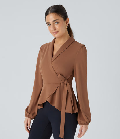 Shawl Collar Wrapped Tie Side Ruffle Hem Work Blouse
