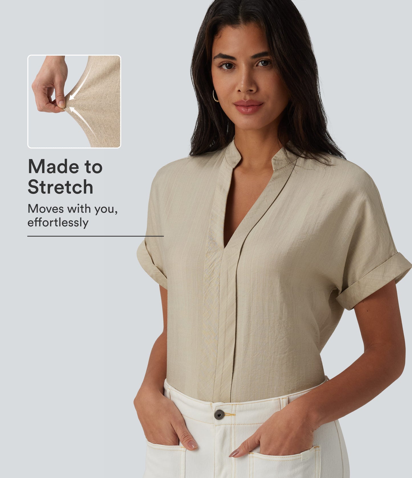V Neck Short Sleeve Linen-Feel Work Shirt