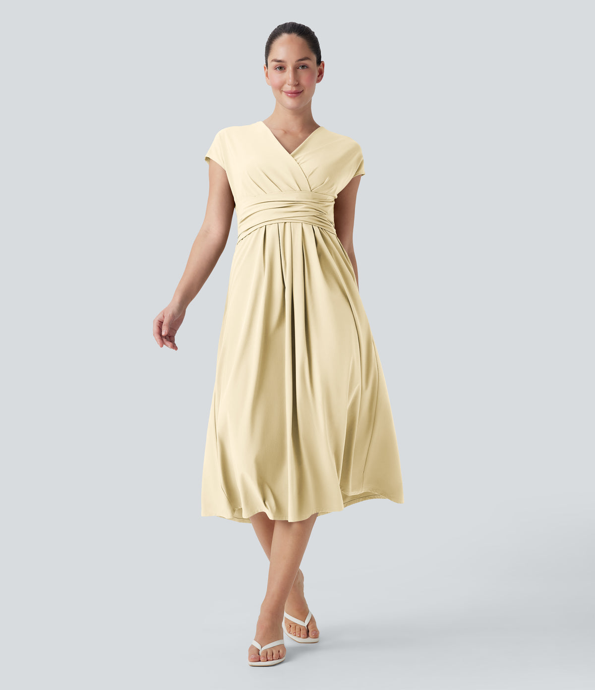Breezeful™ V Neck Short Sleeve Pocket Tie Back Quick Dry Midi Casual Dress