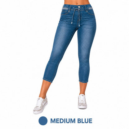 Wash Contrast Binding Double Button Drawstring Mid Waist High Stretch Fit Capri Jeans  Pant