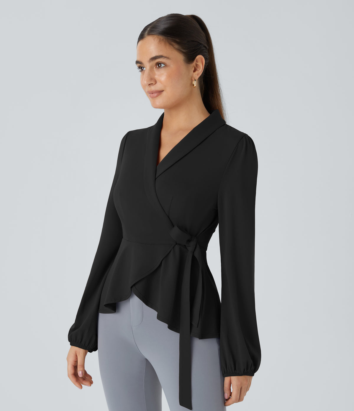 Shawl Collar Wrapped Tie Side Ruffle Hem Work Blouse