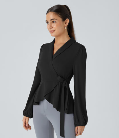 Shawl Collar Wrapped Tie Side Ruffle Hem Work Blouse