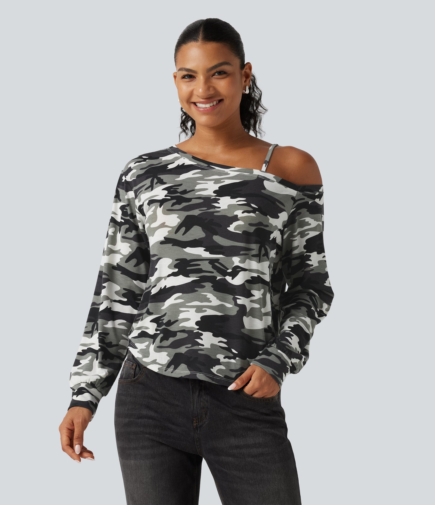 One Shoulder Long Sleeve Camo Casual Top