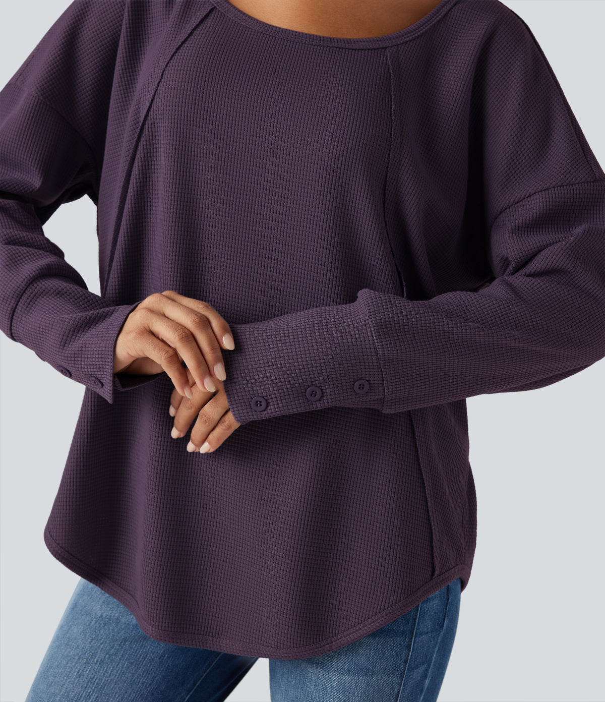 Scoop Neck Long Sleeve Curved Hem Relaxed Waffle Casual Top