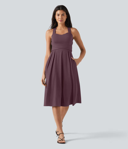 Sweetheart Neck Sleeveless Crisscross Tie-back Midi Casual Flowy Dress with Pockets