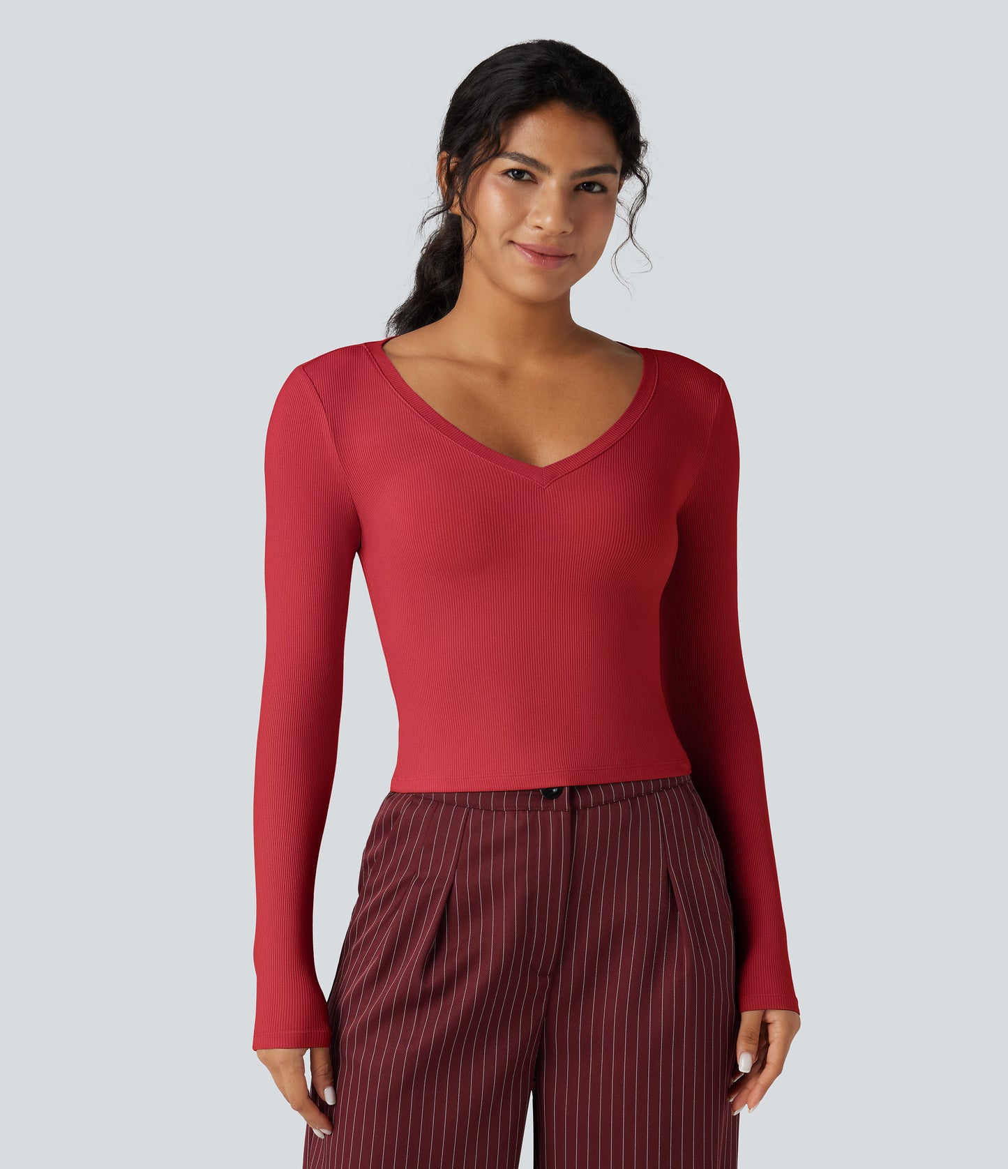 Ribbed Knit V Neck Long Sleeve Cropped Work T-Shirt