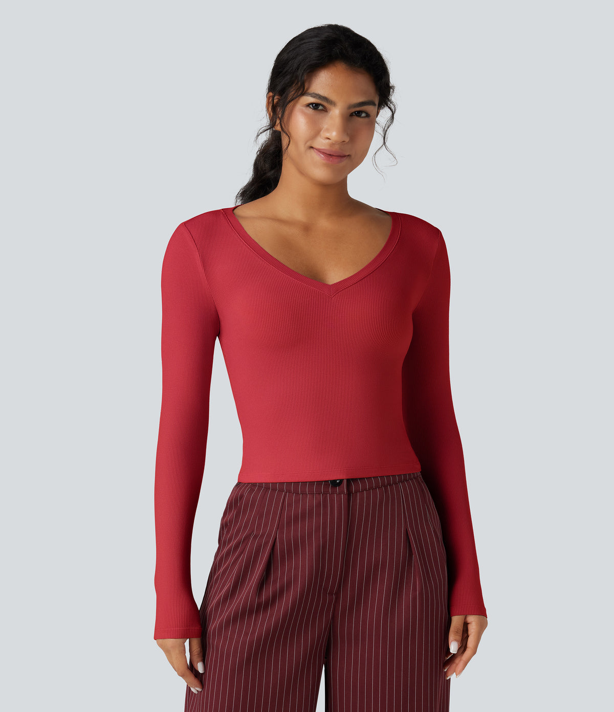 Ribbed Knit V Neck Long Sleeve Cropped Work T-Shirt