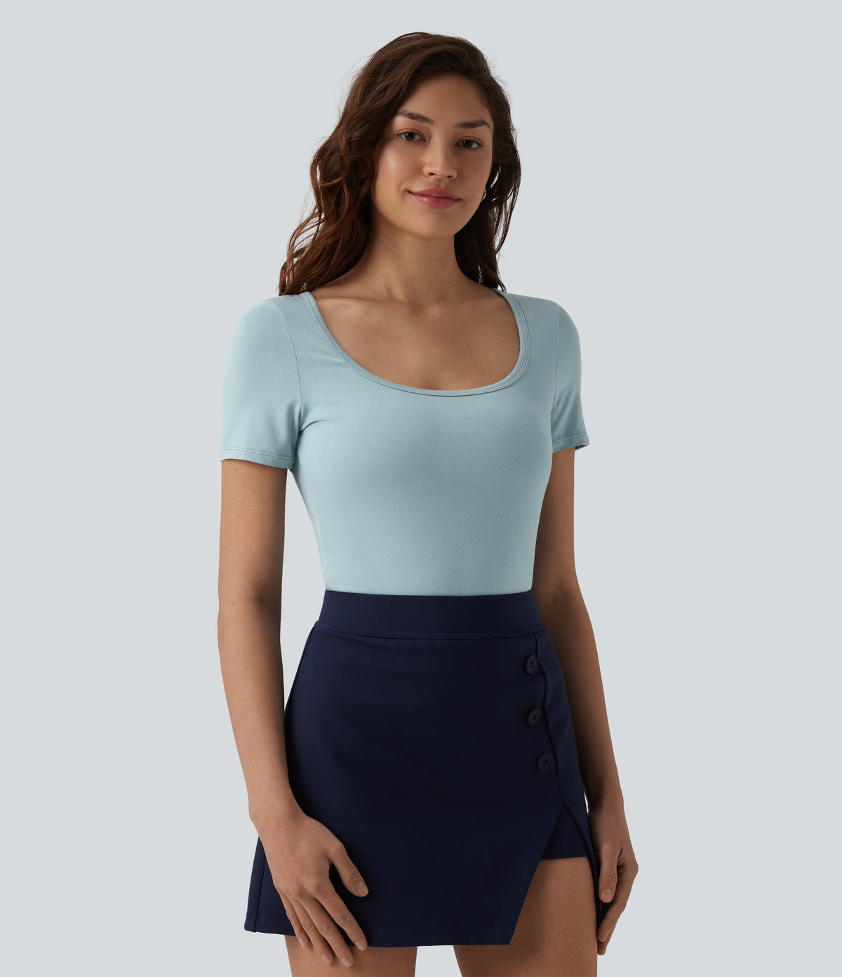 U Neck Short Sleeve Snap Skinny Work Bodysuit