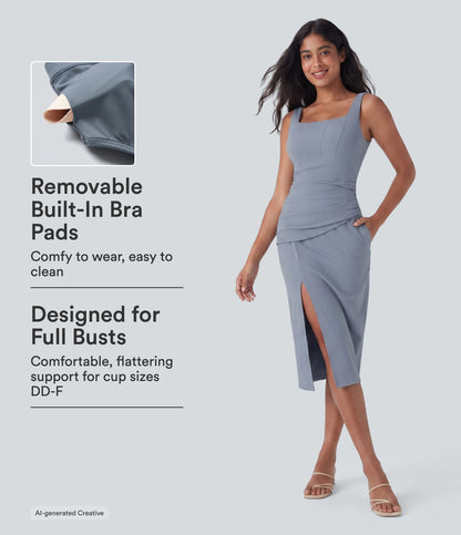 SoftlyZero™ Airy Square Neck Corset Ruched Bodycon Midi InstantCool Dress DD-F Cups
