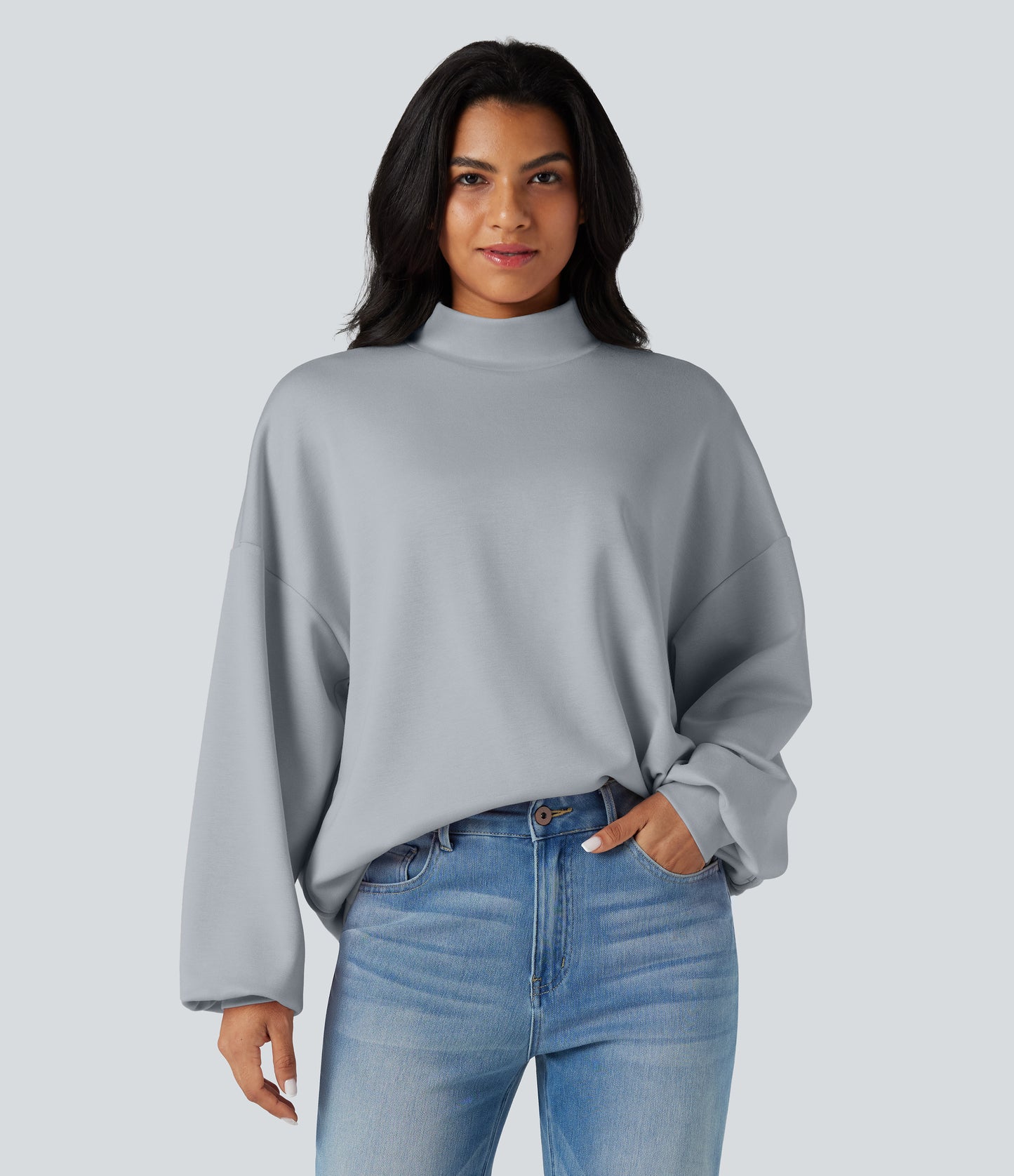 Mock-neck Relaxed Casual Sweatshirt with Pockets