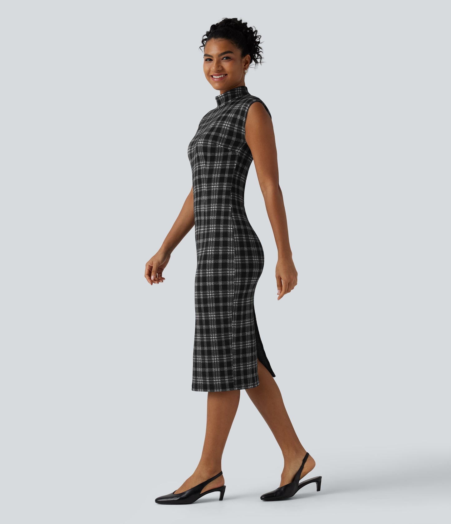 High Neck Sleeveless Bodycon Houndstooth Plaid Midi Work Dress
