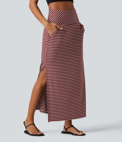 High Waisted Tummy Control Split Stripes Maxi Casual Skirt with Pockets