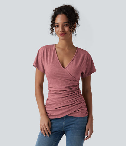 V Neck Short Sleeve Ruched Casual Top