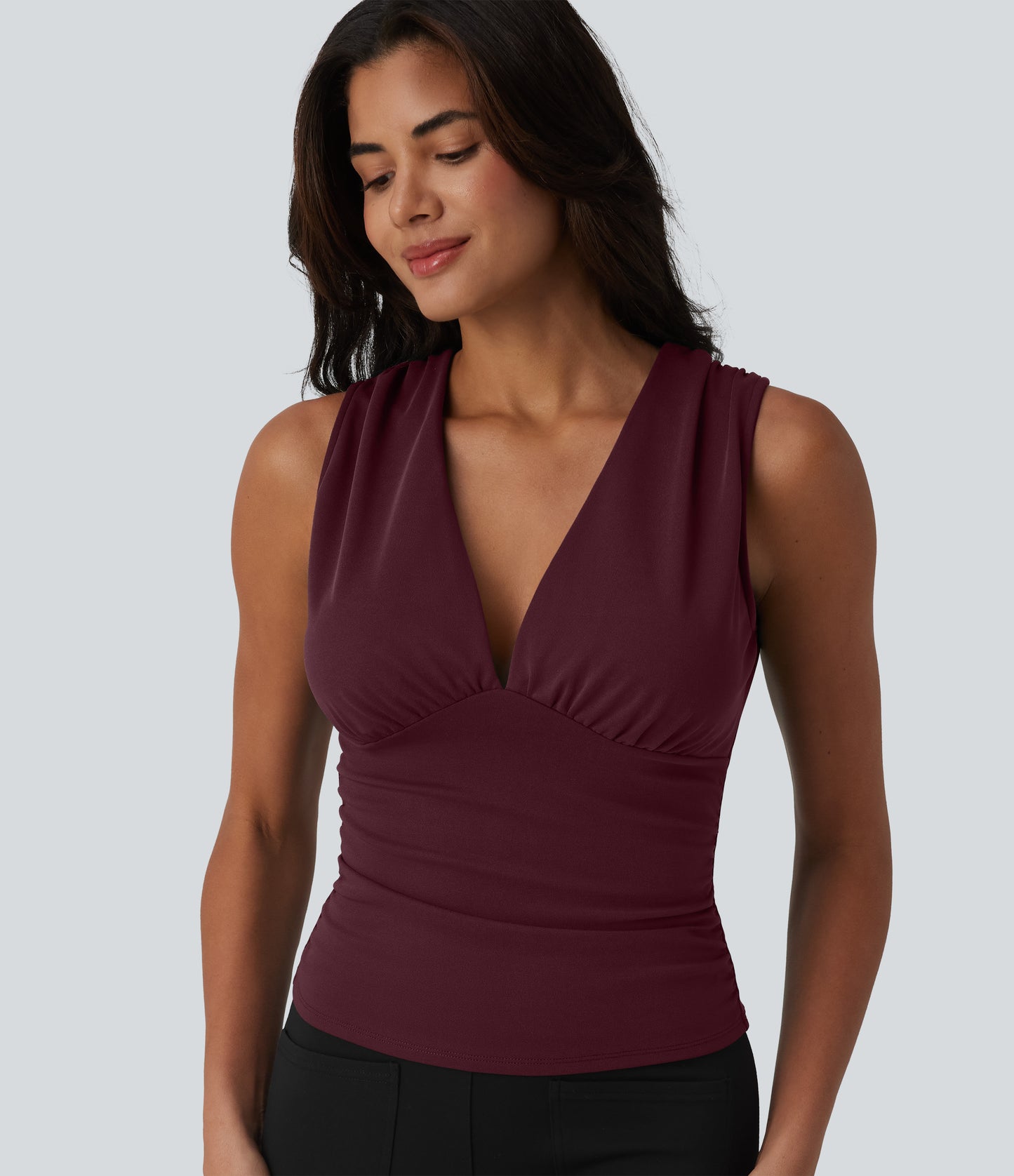 V Neck Ruched Built-in Bra Work Tank Top