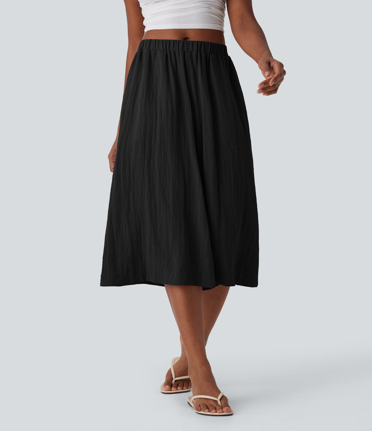 Mid Rise Wide Leg Flowy Linen-Feel Pants with Pocket