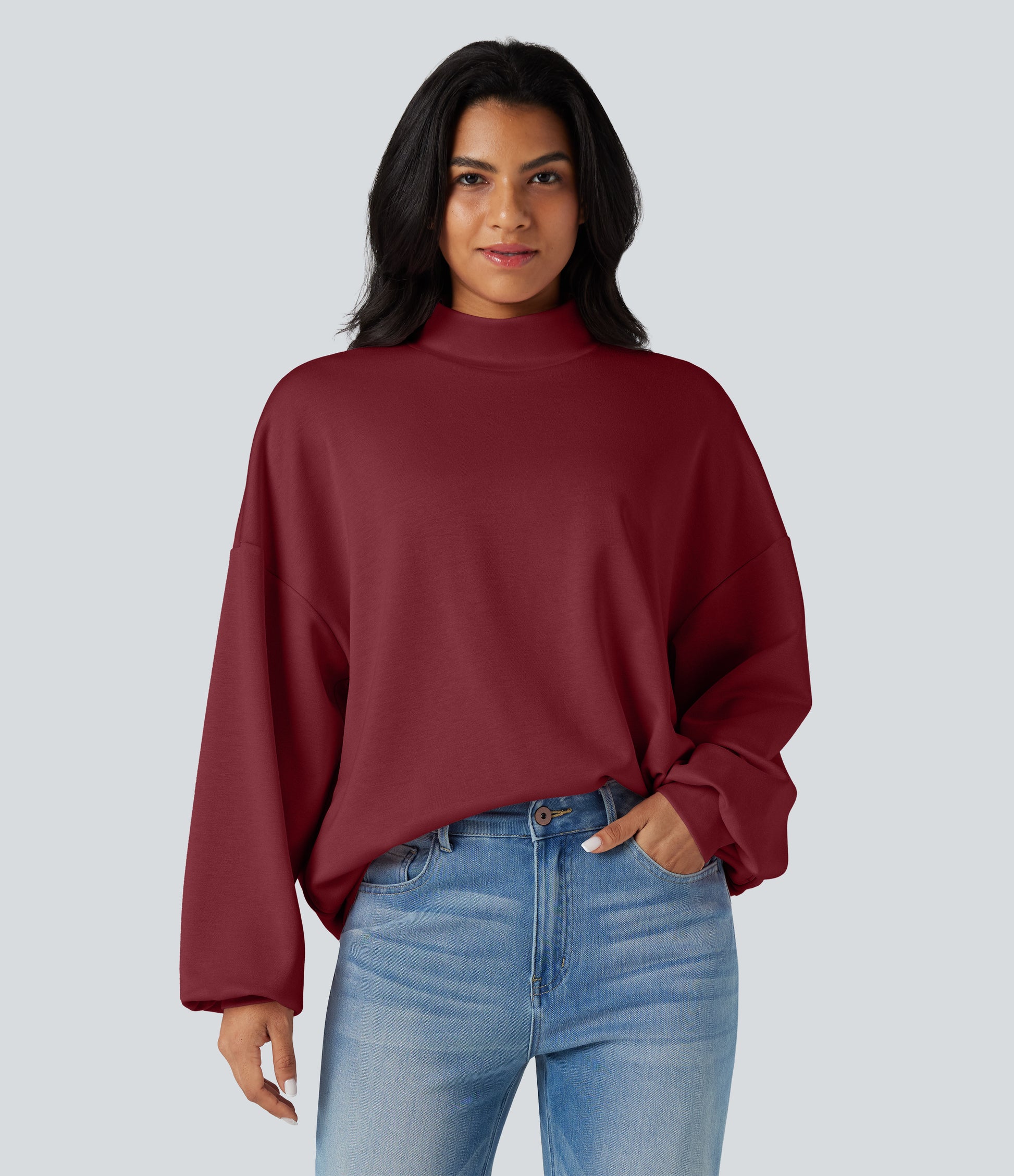 Mock-neck Relaxed Casual Sweatshirt with Pockets