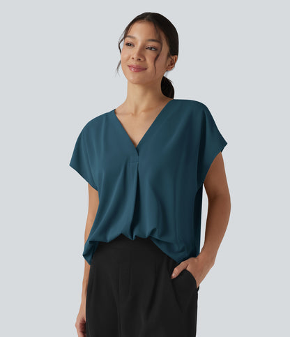 Wrinkle Recovery V-neck Short Sleeve Oversized Work Blouse