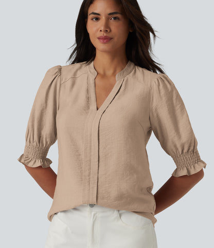 V Neck Puff Short Sleeve Casual Blouse