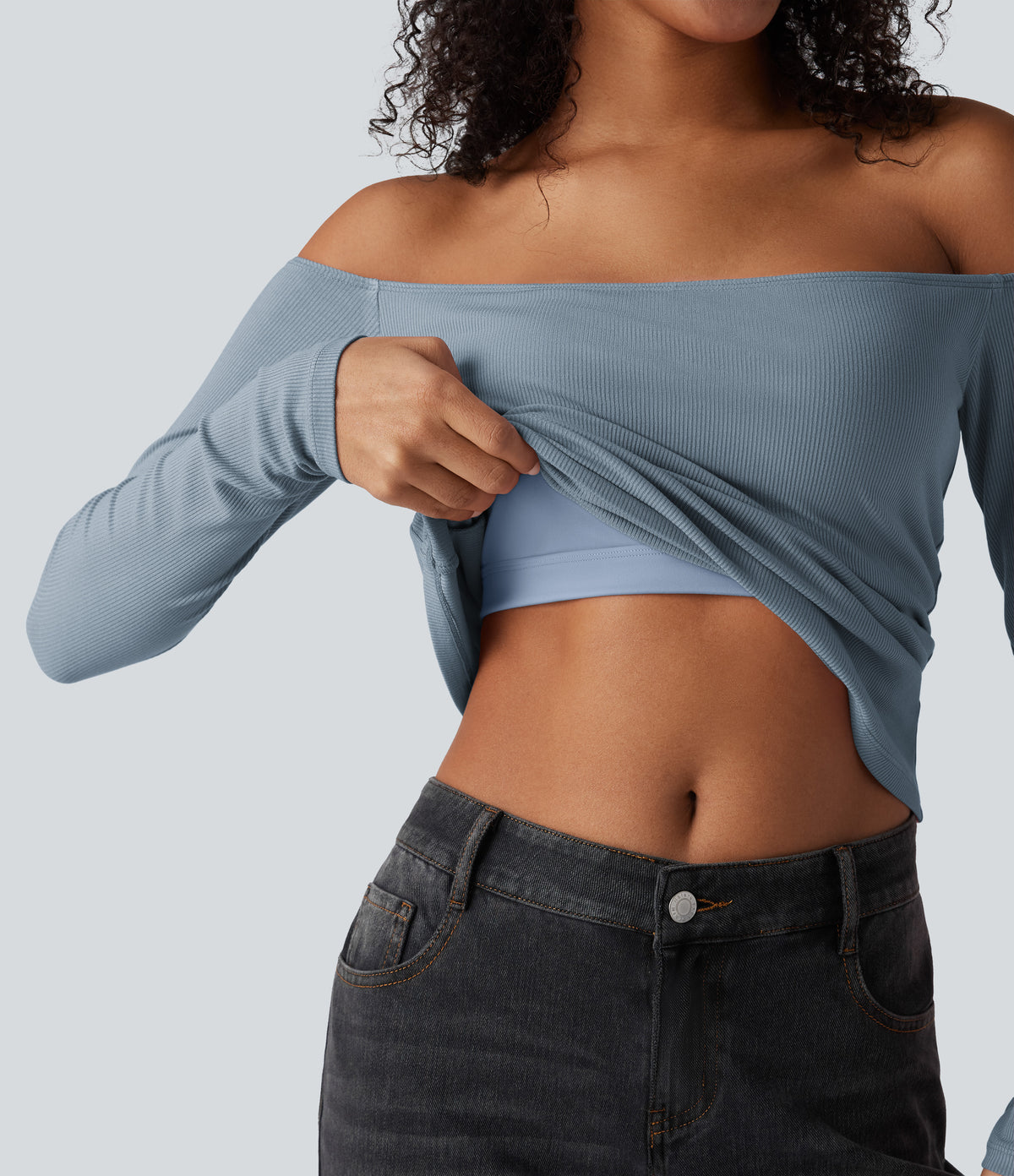 Ribbed Knit Off Shoulder Long Sleeve 2-in-1 Casual Top