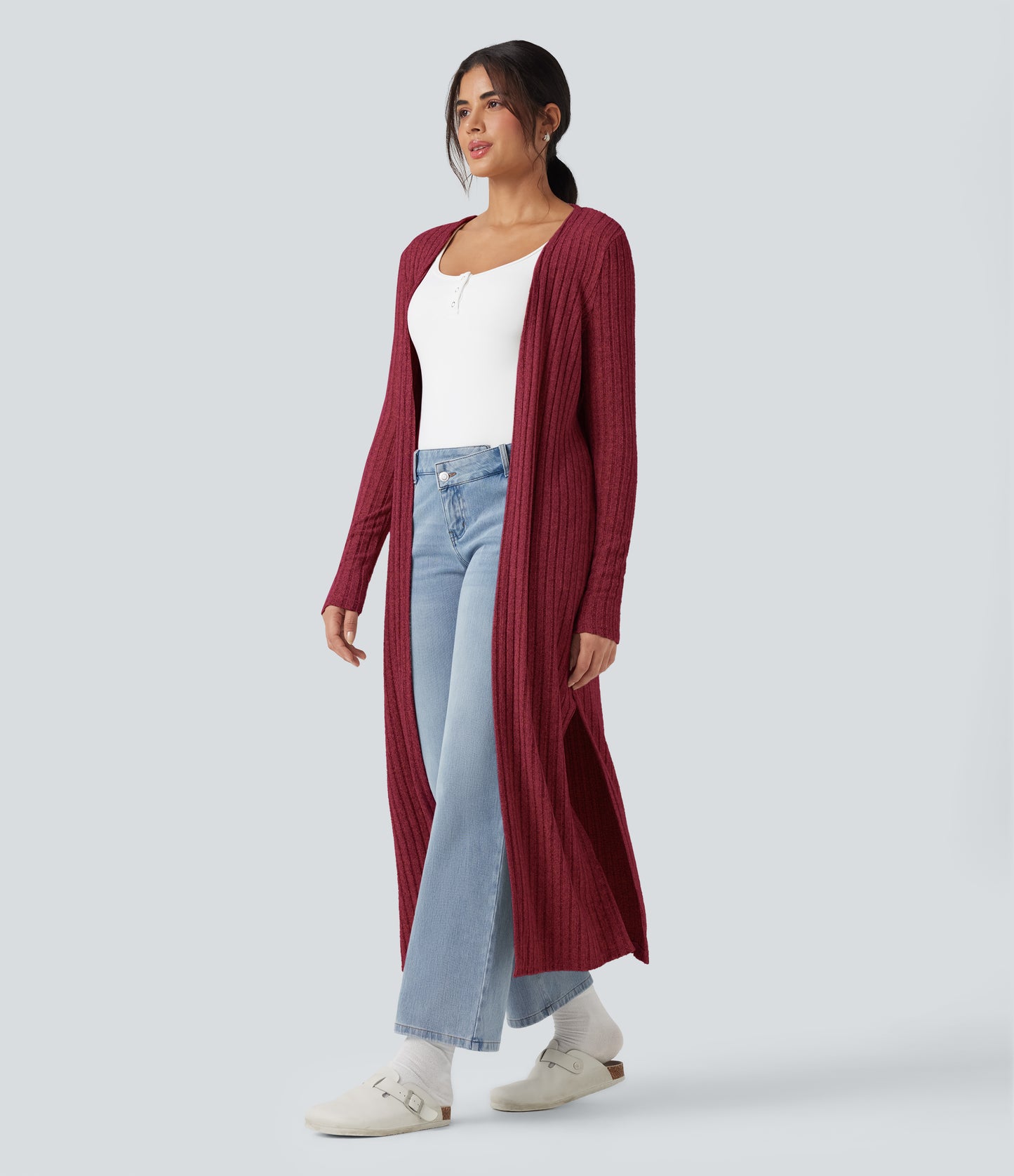 Ribbed Knit Long Sleeve Split Casual Longline Cardigan
