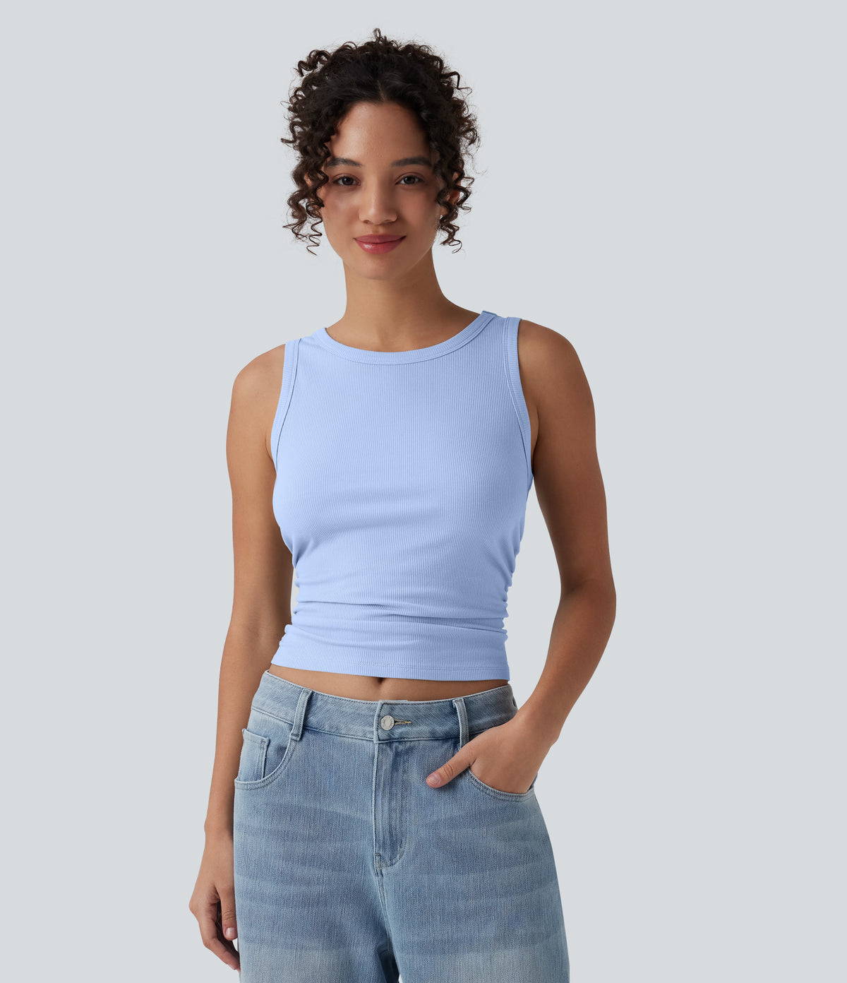 Ribbed Knit Round Neck Ruched Casual Tank Top