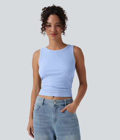 Ribbed Knit Round Neck Ruched Casual Tank Top