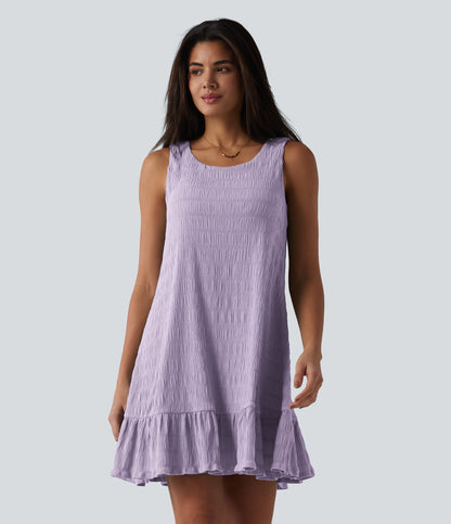 Round Neck Built-in Bra Sleeveless Ruffle Hem Mini Casual Dress