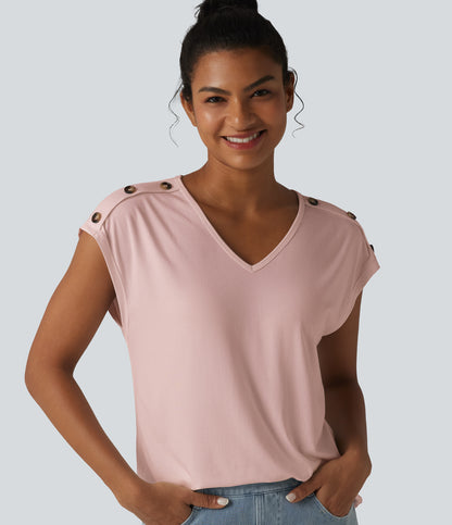 V Neck Decorative Button Cap Sleeve Relaxed Casual T-Shirt