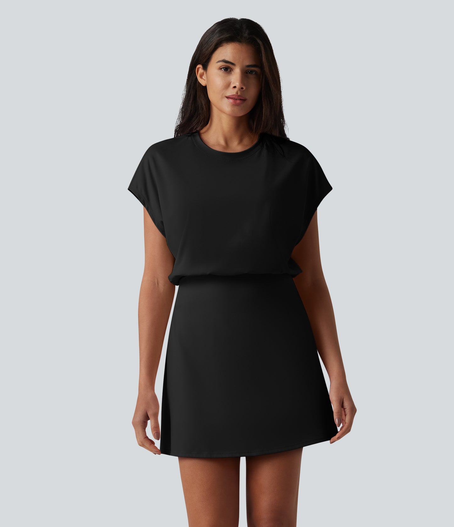 SoftlyZero™ Airy Round Neck Short Sleeve 2-in-1 InstantCool Mini Yoga Active Dress with Pockets-Easy Peezy Edition