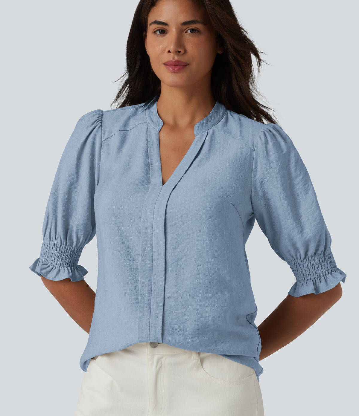 V Neck Puff Short Sleeve Casual Blouse