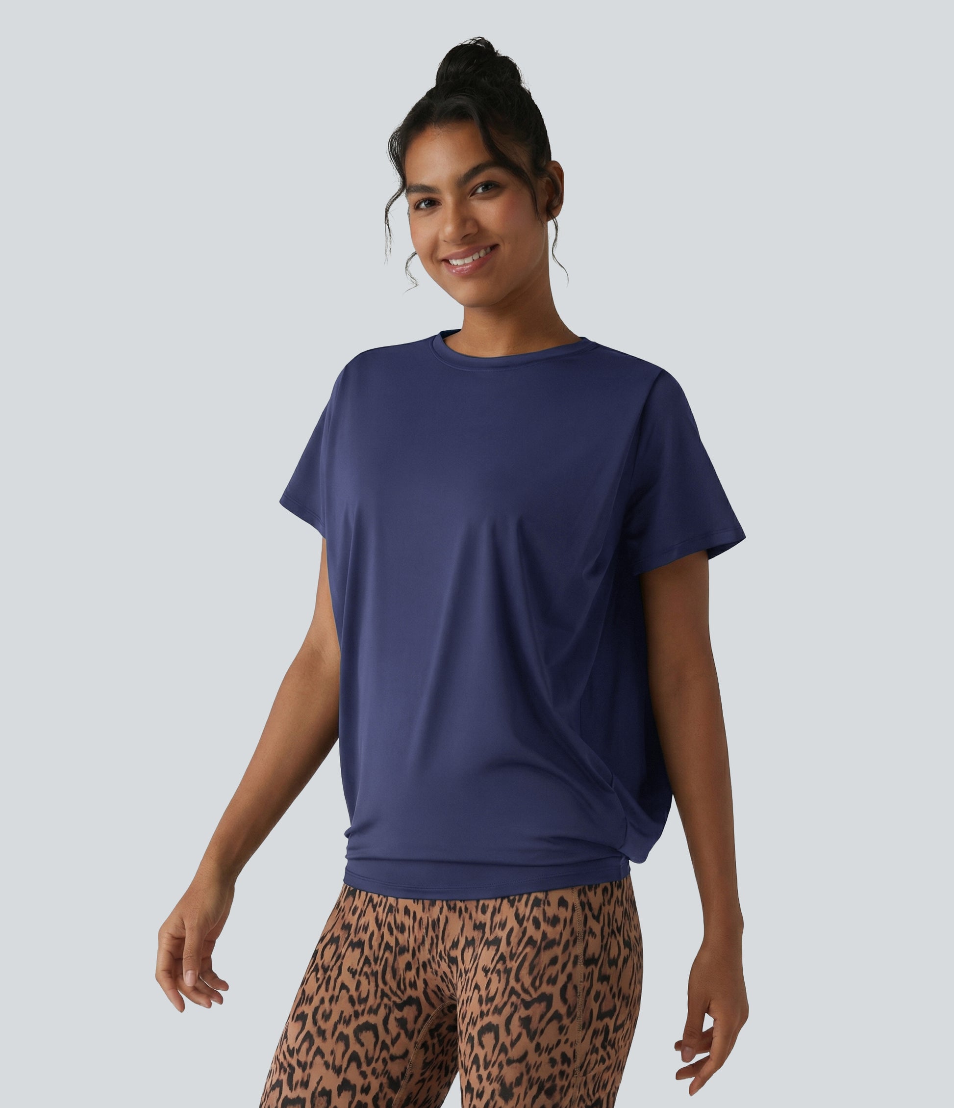 Round Neck Short Sleeve Ruched Cool Touch Yoga Sports Top-UPF50+