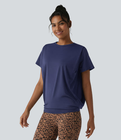 Round Neck Short Sleeve Ruched Cool Touch Yoga Sports Top-UPF50+