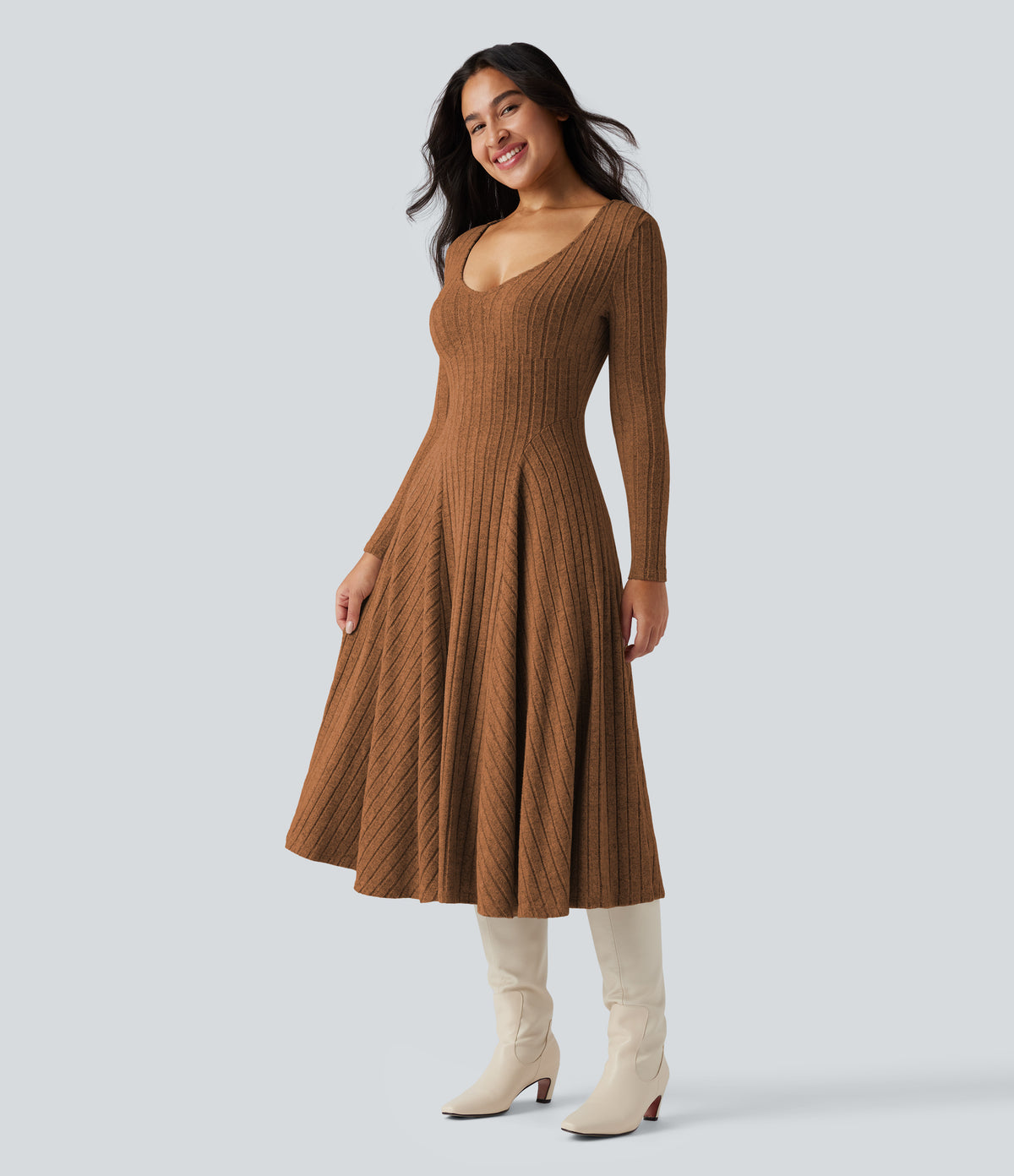 Ribbed Knit V Neck Long Sleeve Flare Midi Casual Dress