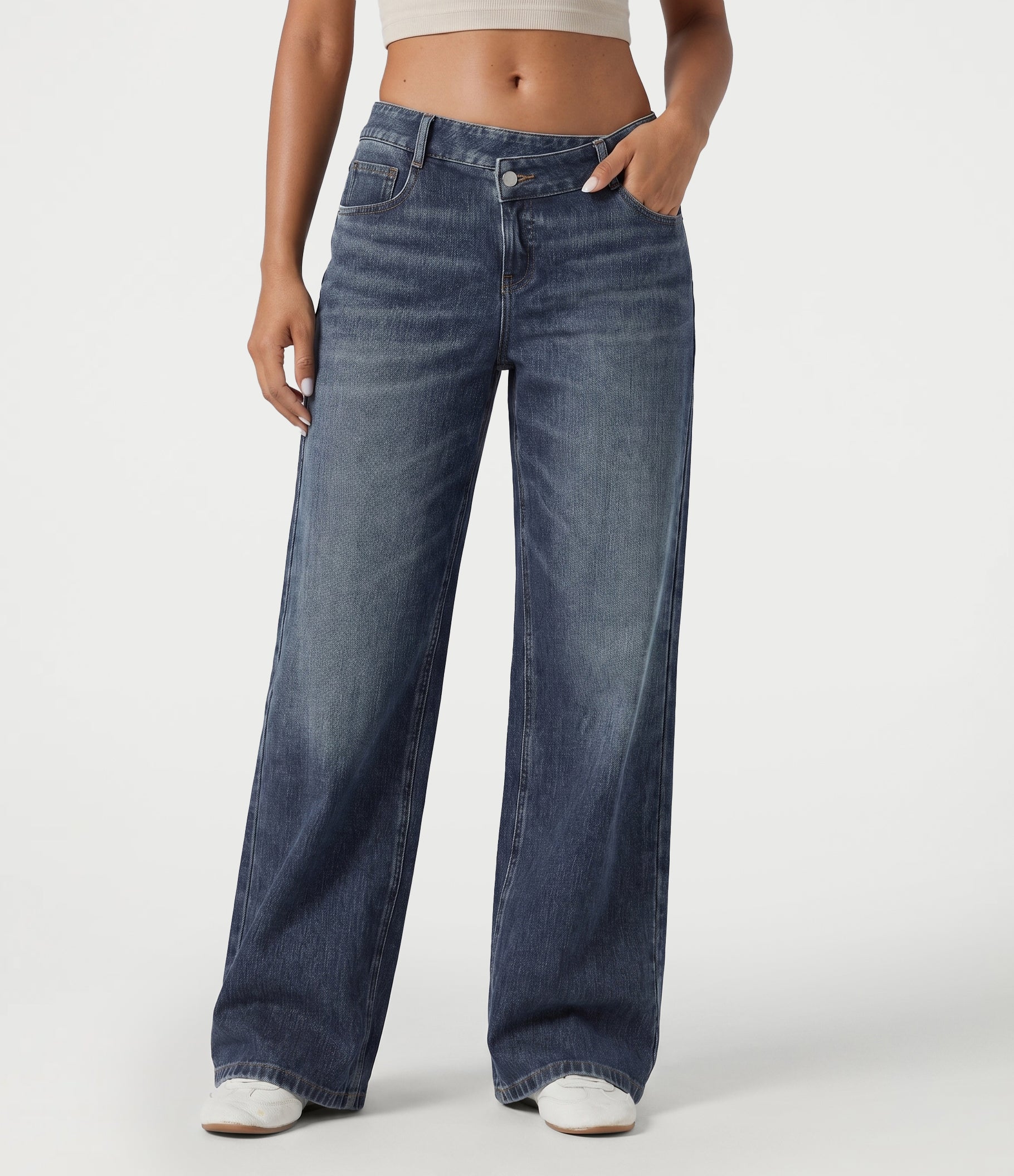Flex™ Asymmetric Low Rise Baggy Washed Casual Jeans with Pockets