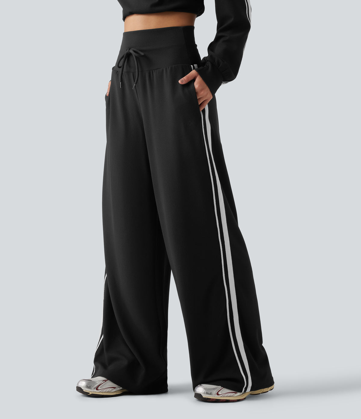 High Waisted Drawstring Wide Leg Side Stripe Waffle Casual Pants with Pockets