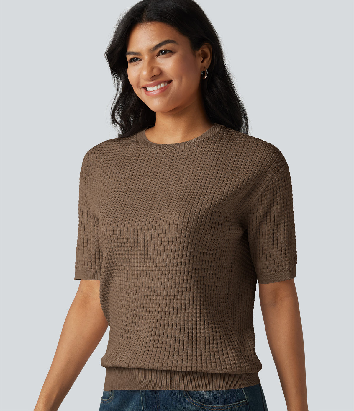 Round Neck Short Sleeve Waffle Casual Sweater
