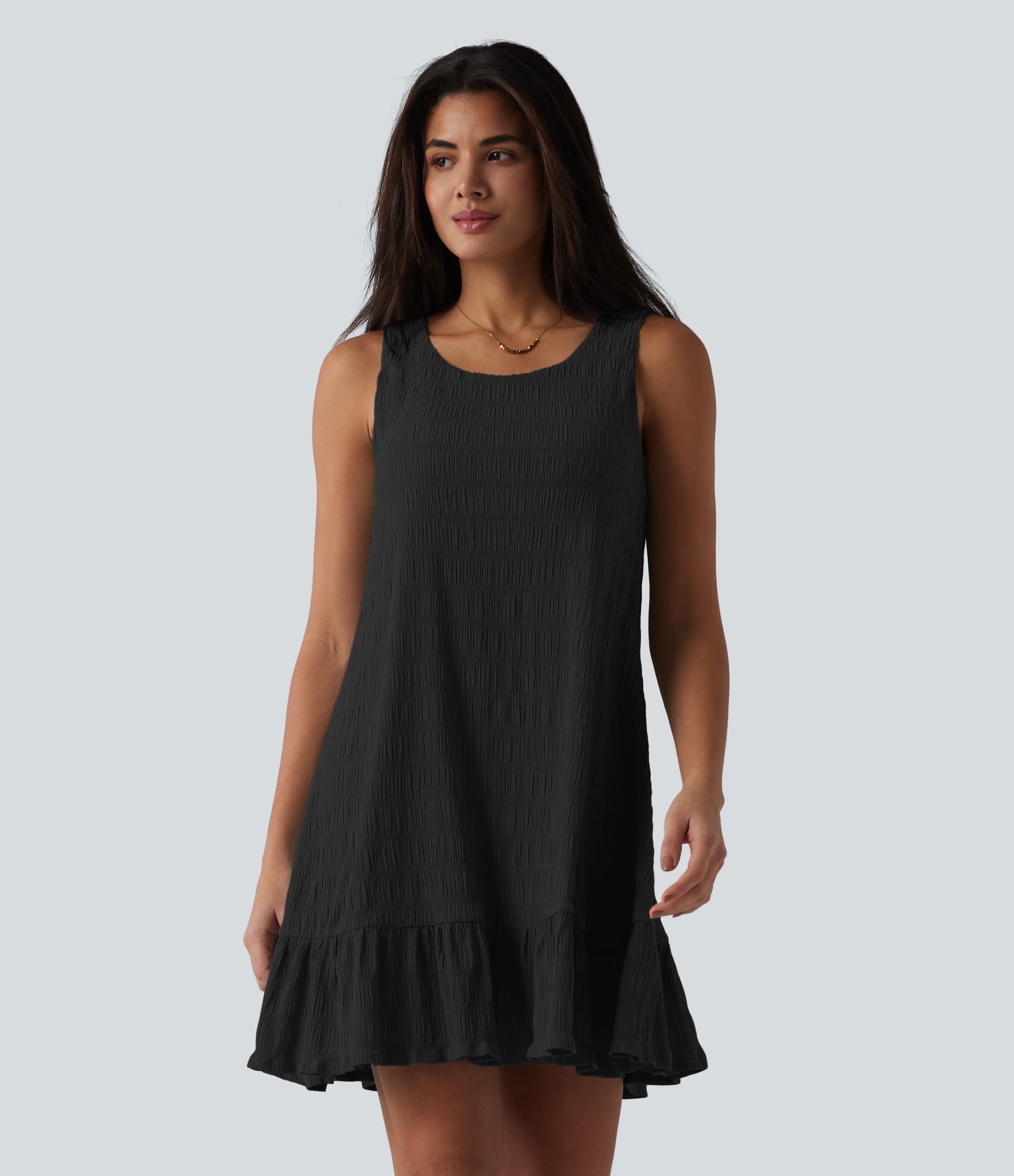 Round Neck Built-in Bra Sleeveless Ruffle Hem Mini Casual Dress