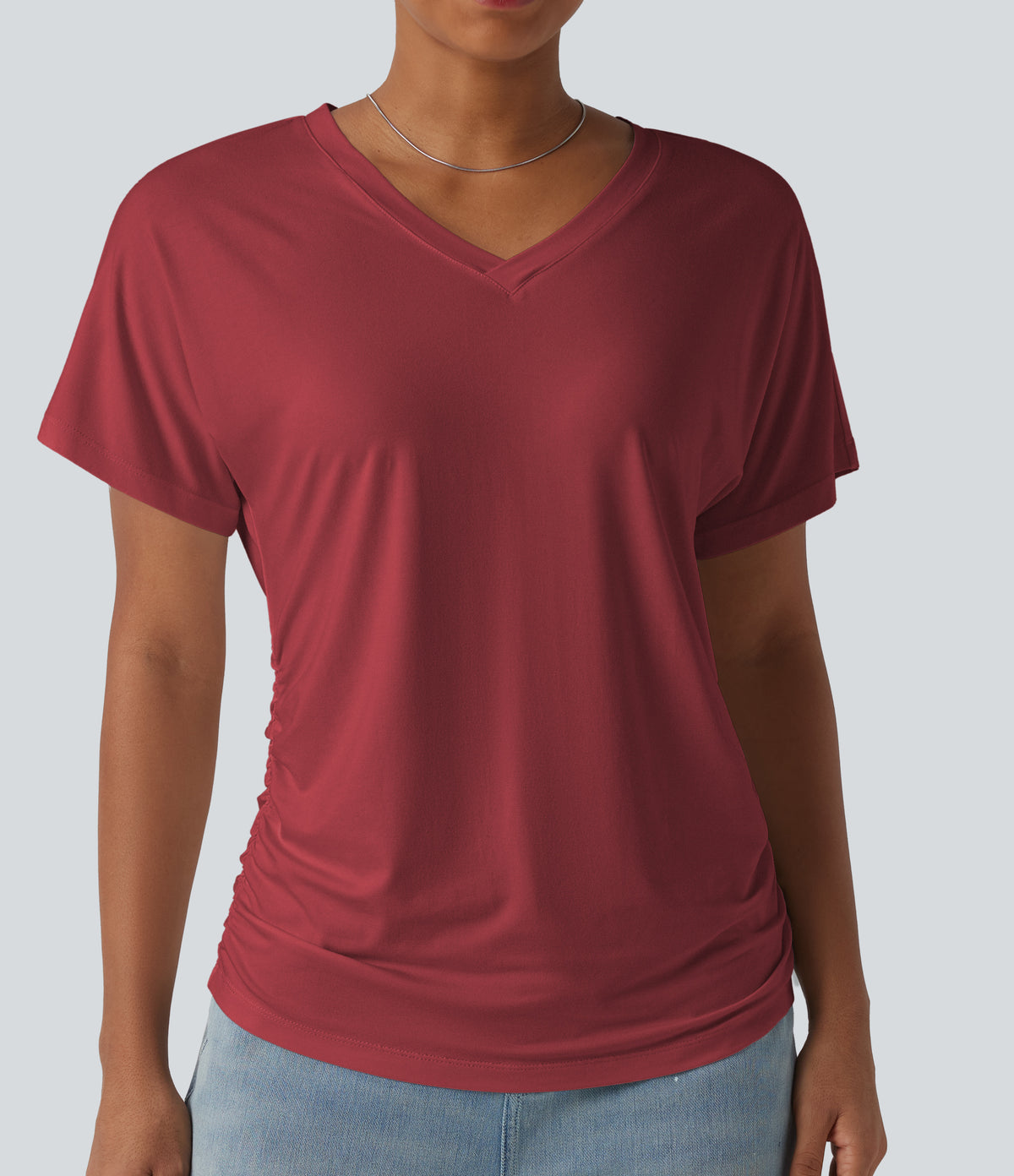 V-neck Short Sleeve Ruched Plain Casual T-Shirt