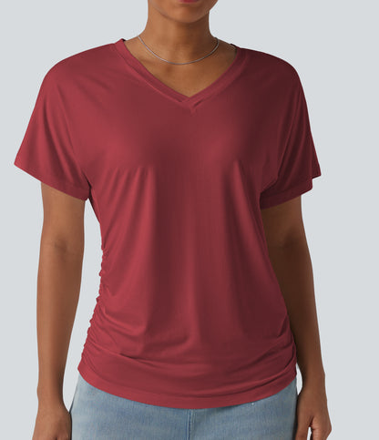 V-neck Short Sleeve Ruched Plain Casual T-Shirt