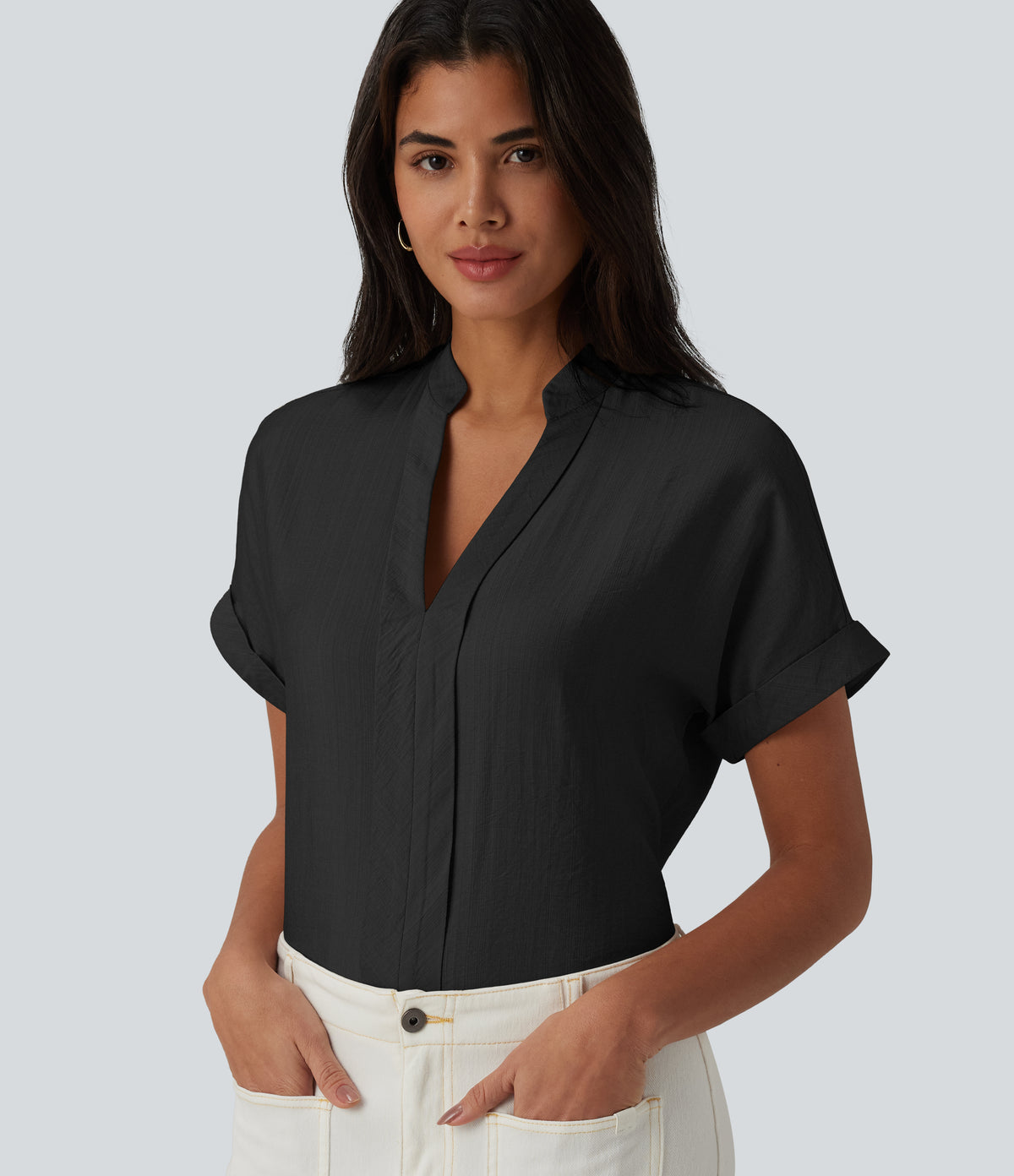 V Neck Short Sleeve Linen-Feel Work Shirt