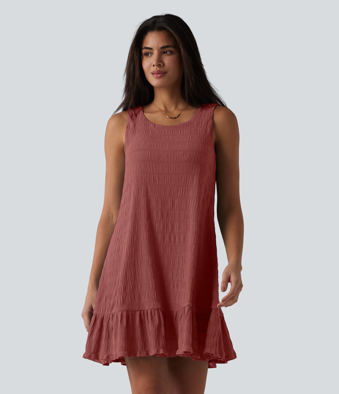 Round Neck Built-in Bra Sleeveless Ruffle Hem Mini Casual Dress