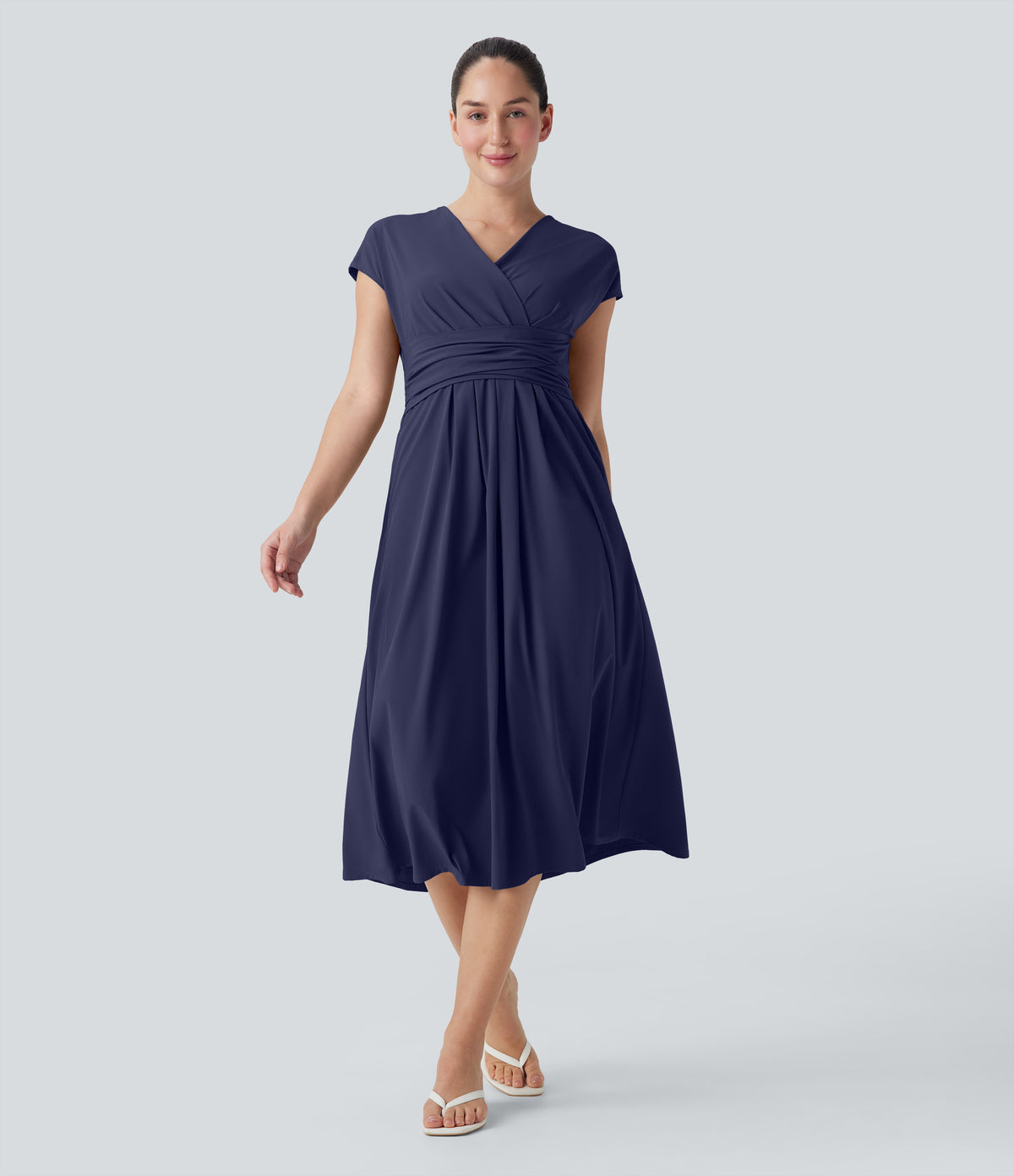 Breezeful™ V Neck Short Sleeve Pocket Tie Back Quick Dry Midi Casual Dress