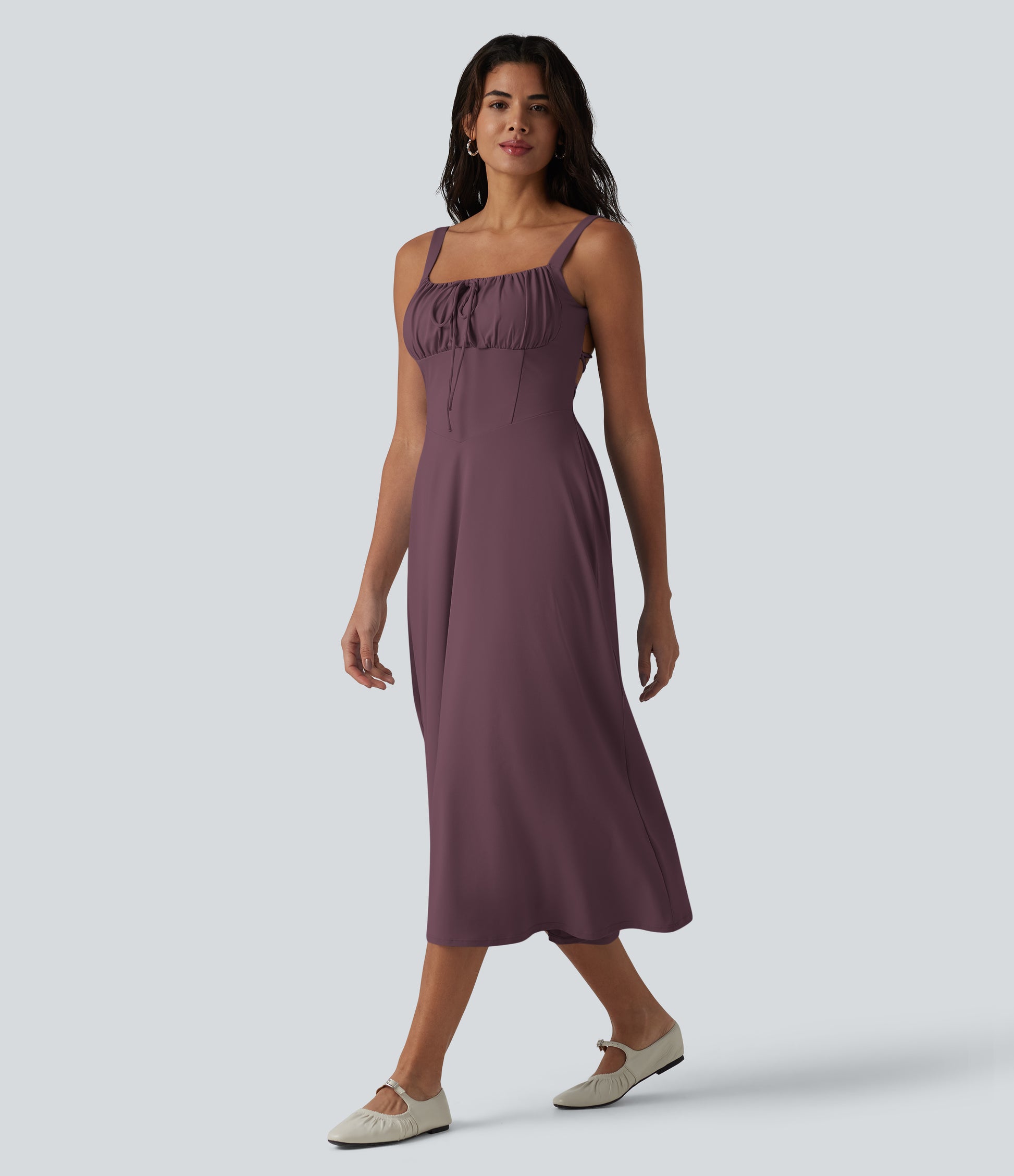 Crisscross Backless Square Neck Sleeveless Ruched Built-in Bra Midi Resort Flowy Milkmaid Dress