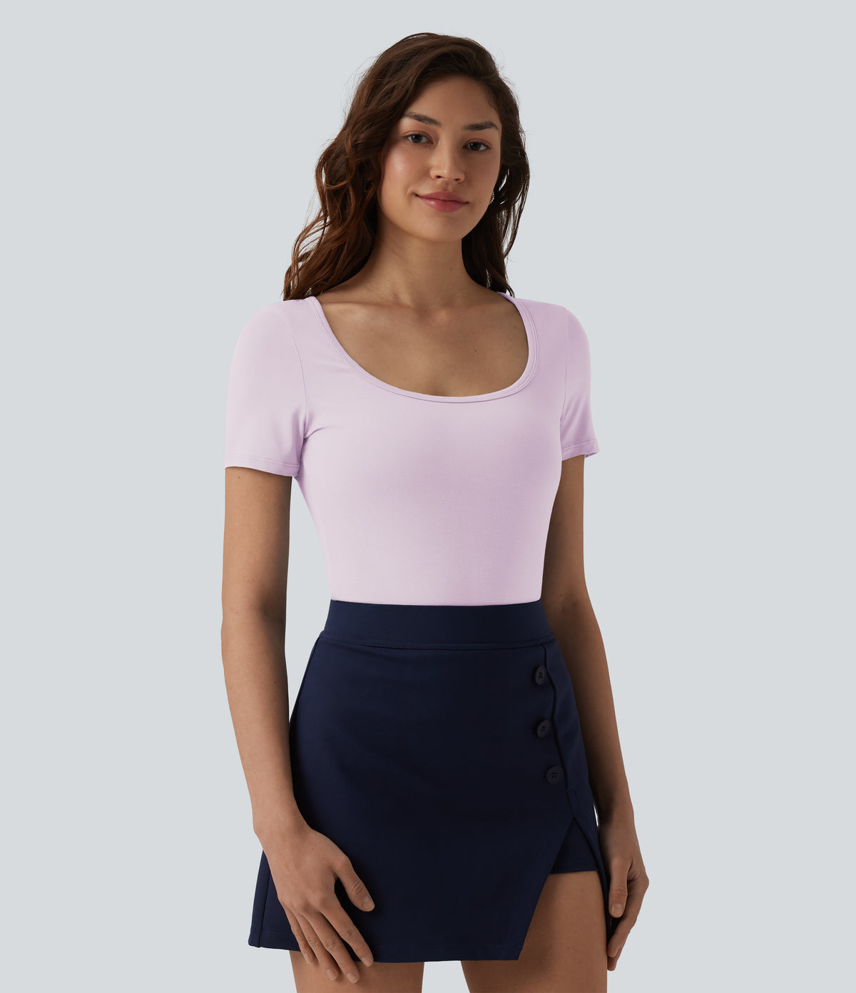 U Neck Short Sleeve Snap Skinny Work Bodysuit