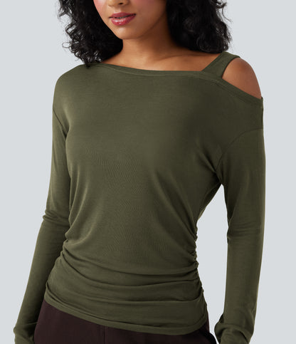 One-Shoulder Long Sleeve Asymmetrical Casual Wool-Blend T-Shirt